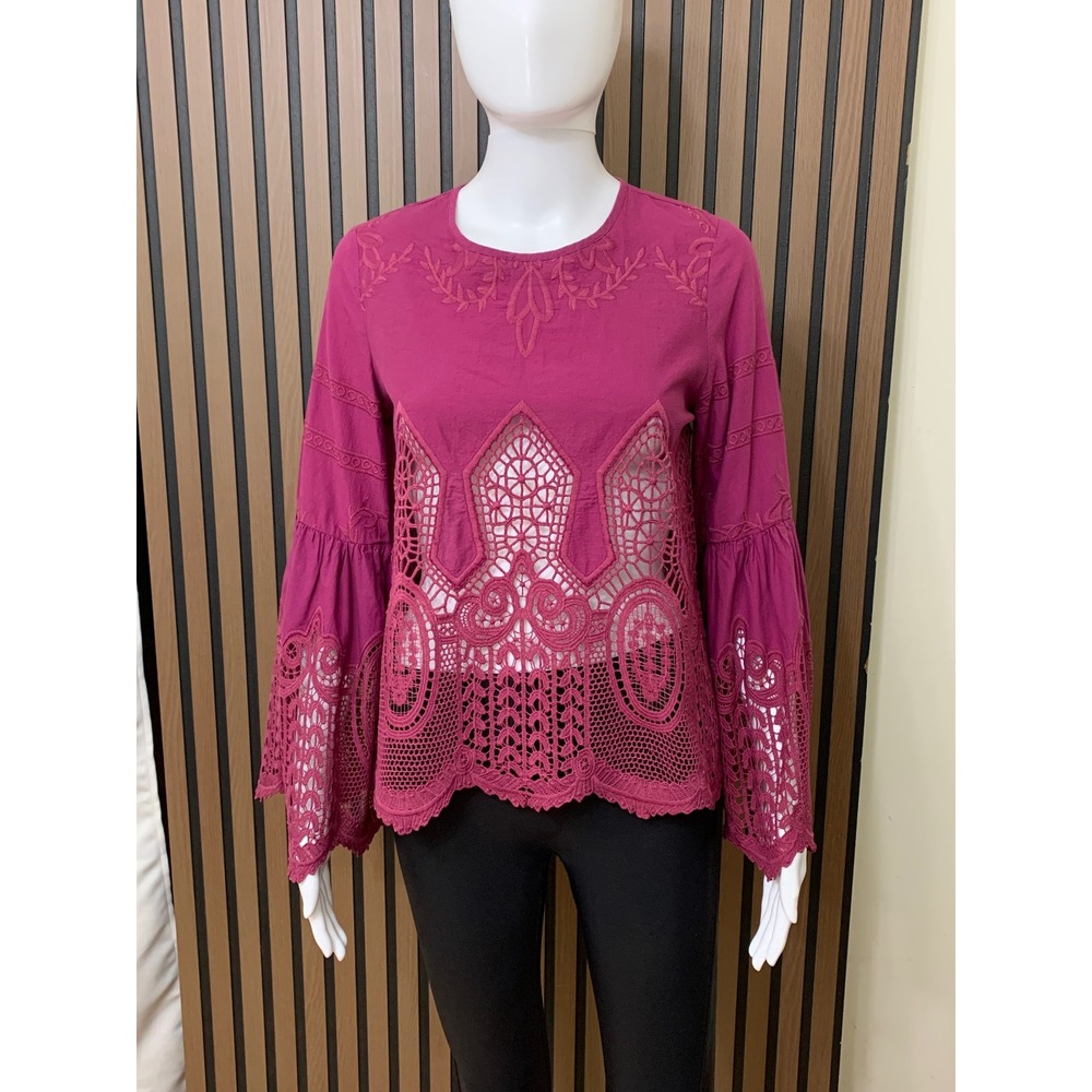 Chloe Oliver Magenta Crochet Lace Embroidered Bell Sleeve Boho Blouse Small